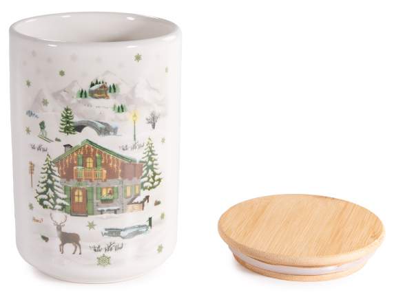 Borcan alimentar din ceramica cu decoratiuni de Craciun