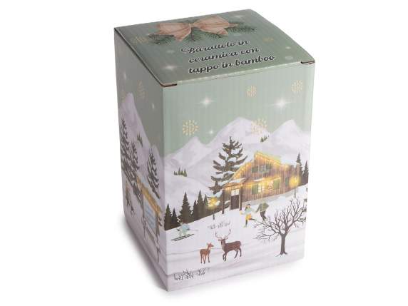 Borcan alimentar din ceramica cu decoratiuni de Craciun