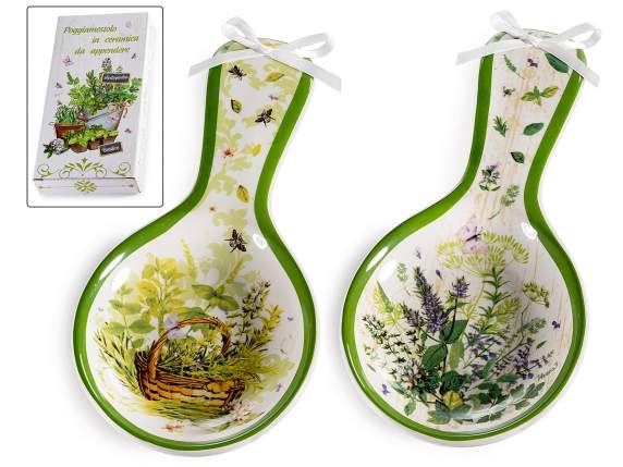 Repose-cuillère en céramique décoré dherbes aromatiques