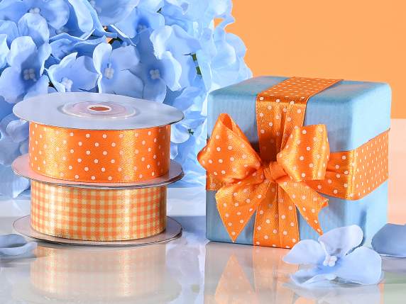 Ruban de satin orange de 25 mm à pois et à carreaux