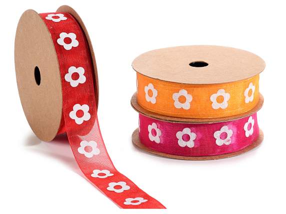 Ruban organza 20 mm avec imprimé fleur blanche