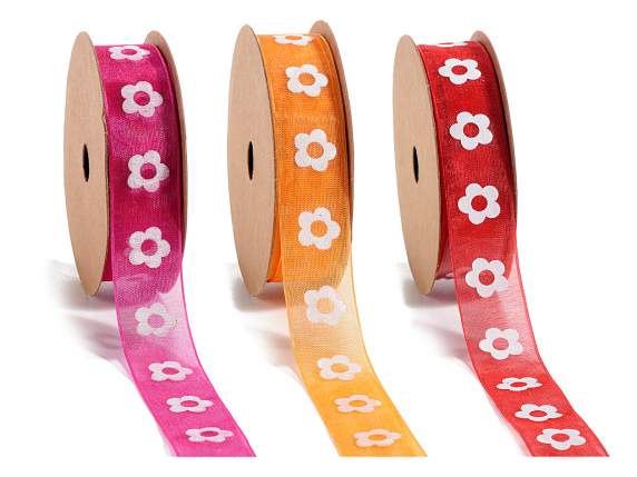 Ruban organza 20 mm avec imprimé fleur blanche