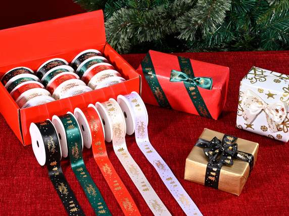 Présentoir 15 rubans colorés 25 mm avec imprimé Joyeux Noël