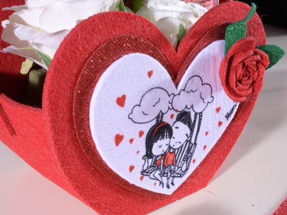 Sac en tissu en forme de coeur avec rose et amoureux