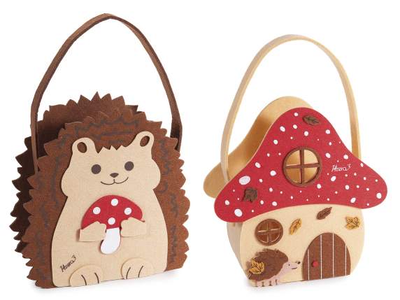 Sac en tissu champignon et hérisson avec décorations