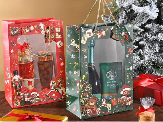 Sac en papier de Noël avec fenêtre transparente et étiquette