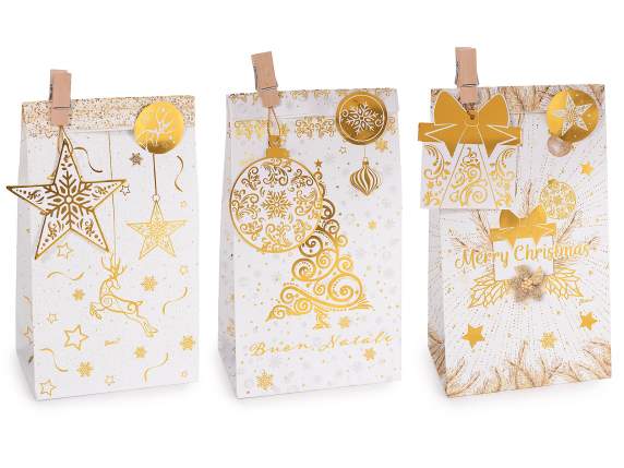 Sac en papier de Noël avec clip, étiquette et autocollant