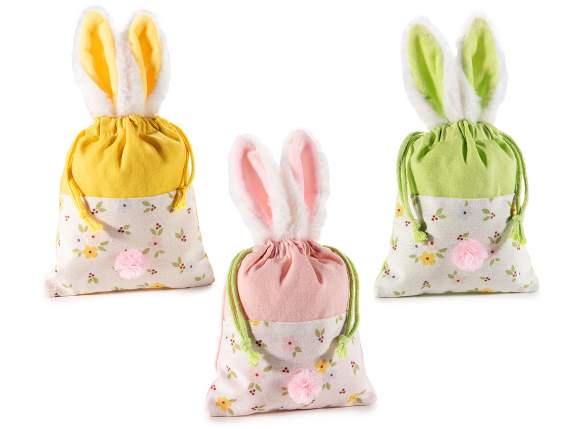 Sac en tissu avec oreilles de lapin, pompon et cordon