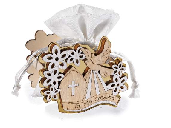 Décoration en bois de confirmation avec sac en tissu avec at
