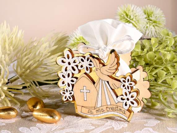 Décoration en bois de confirmation avec sac en tissu avec at