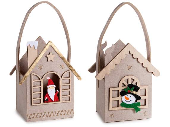 Sac en tissu en forme de maison avec décorations de Noël