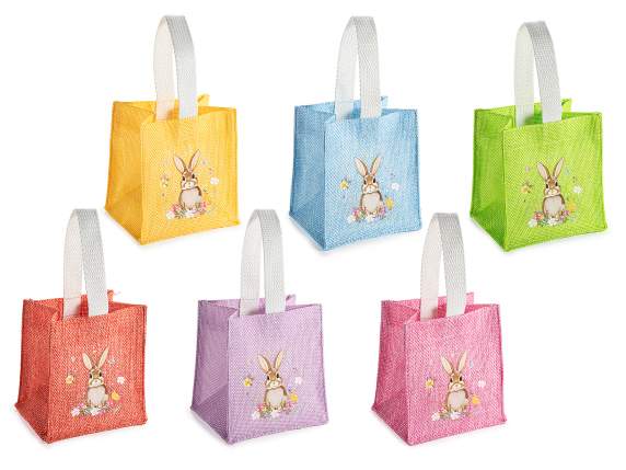Sac coloré effet jute avec anse et motif lapin