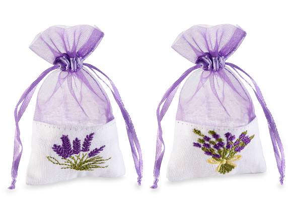 Sacchetto in cotone e organza con ricamo lavanda e tirante