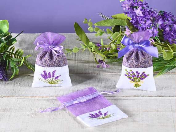 Sacchetto in cotone e organza con ricamo lavanda e tirante