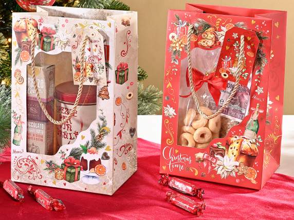 Sac en papier de Noël avec fenêtre et étiquette assortie