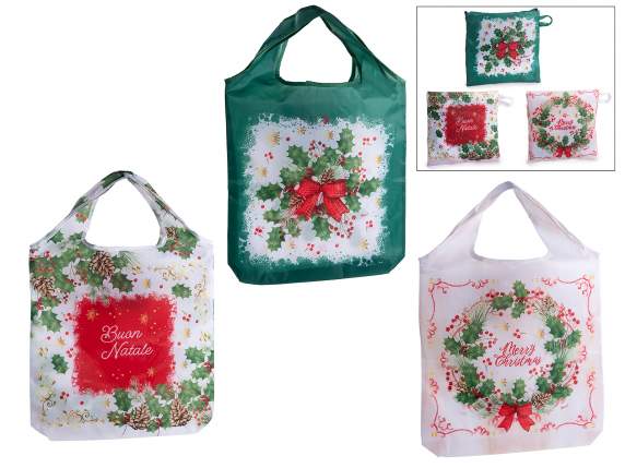Sac de courses refermable en polyester décoré pour Noël
