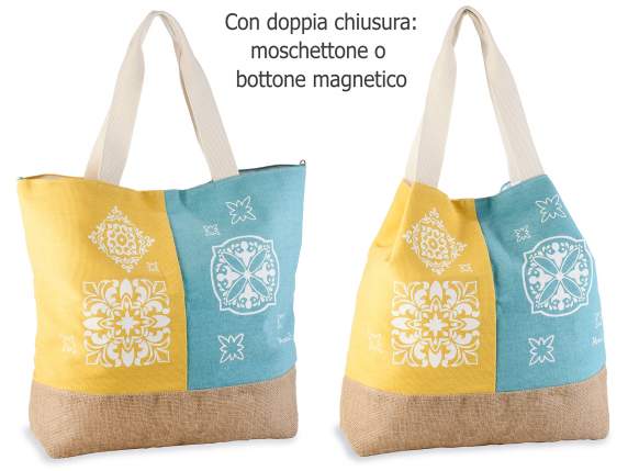 Sac en tissu et jute avec poignées et imprimé majolique