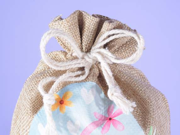 Sac en jute avec décorations Joyeuses Pâques et cravate