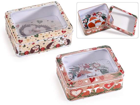 Scatola in metallo decori animaletti e coperchio trasparente