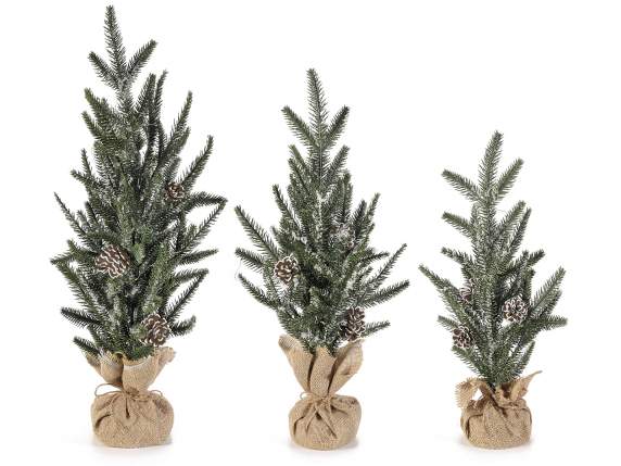 Set 3 alberi Natale artificiali c-luci LED, base juta, pigne