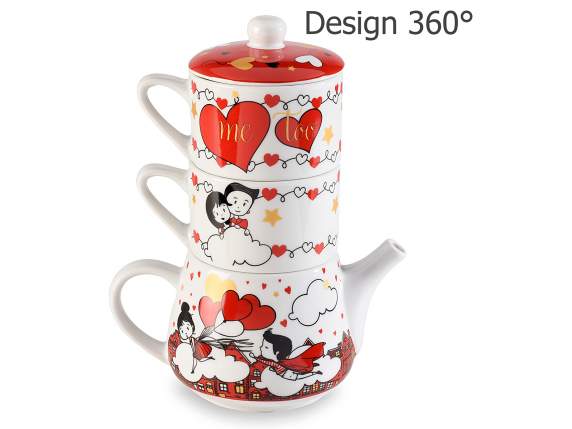 Set ceainice 400ml si 2 cesti 150ml portelan cu indragostiti