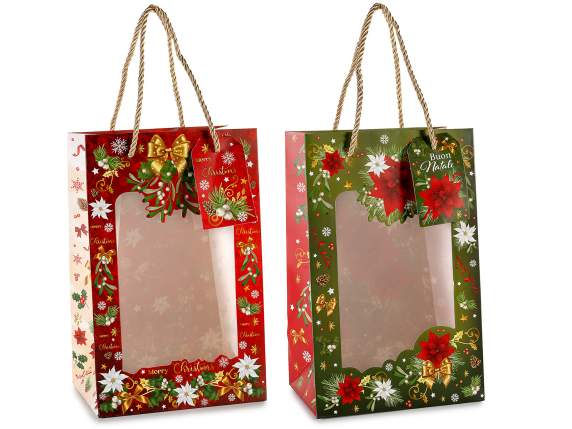 Bolsa-sobre de papel navideño con asas, ventana y etiqueta.