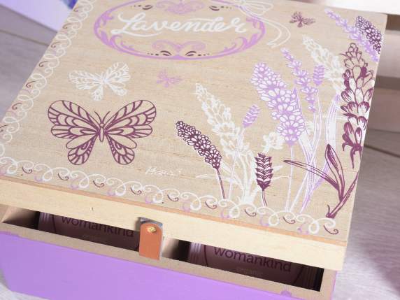 Wooden tea-spice box 4 compartments Lavender decor