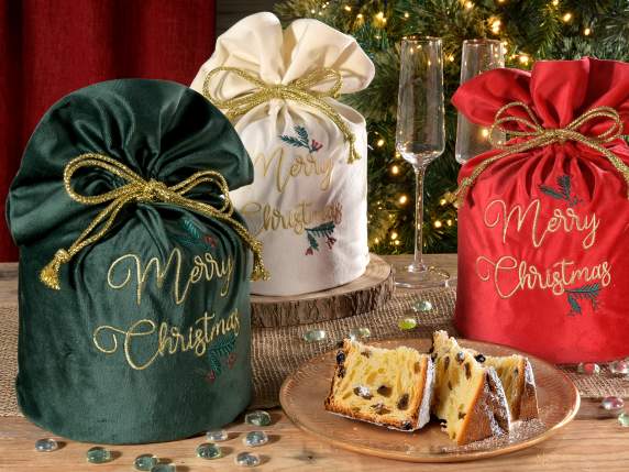 Sac panettone en velours avec broderie et cordon de serrage