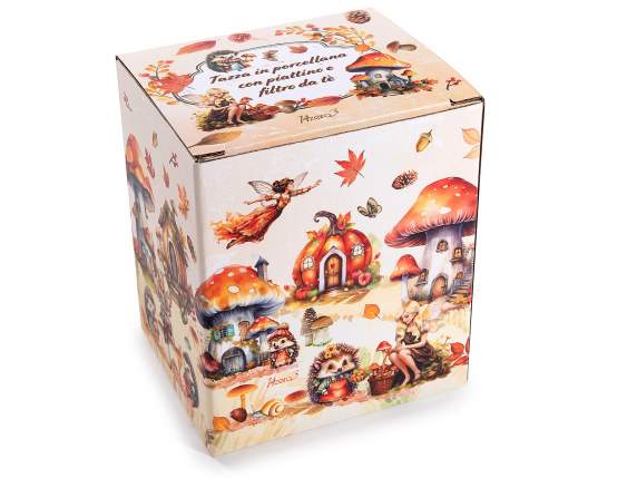 Taza de porcelana de 350 ml con tapa, platillo y filtro.