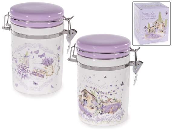Tarro de cerámica para alimentos con estampado de lavanda