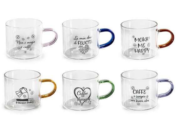 Tasse à café en verre de 80 ml avec anse colorée et inscript