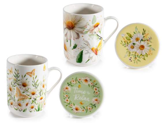 Tasse céramique 300 ml avec couvercle et déco camomille