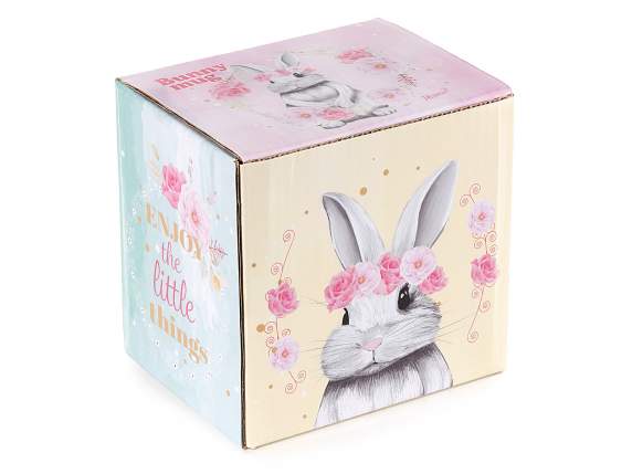 Taza porcelana 350ml con estampado de conejito y flores