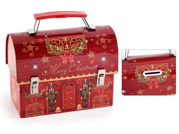 Tirelire valise en métal décorée en forme de maison