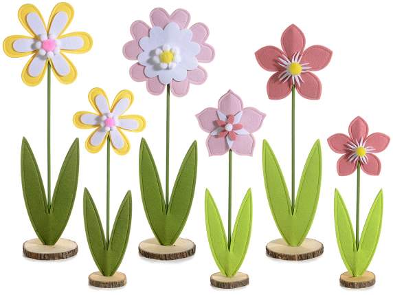Lot de 2 fleurs en tissu coloré avec base en bois