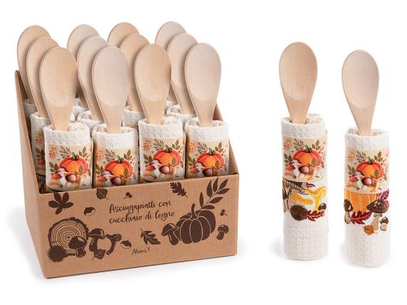 Torchon en coton brodé avec cuillère en bois