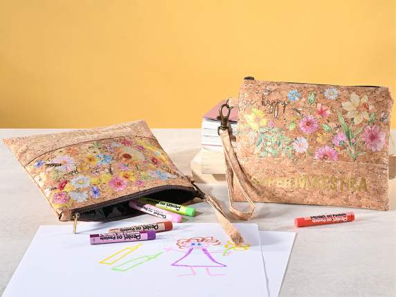 Pochette en liège avec zip, cordon de serrage et décoration