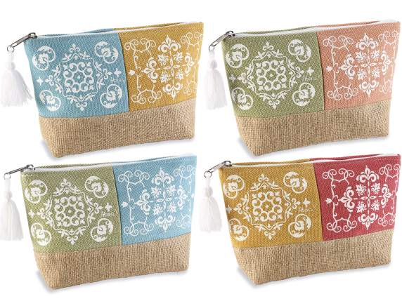 Pochette en tissu avec pompon et base en jute