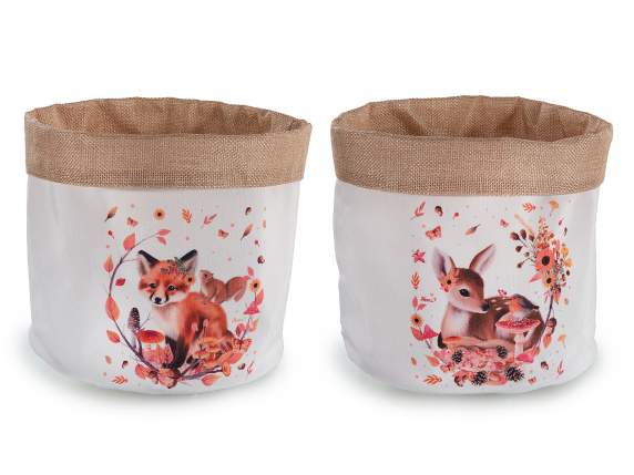 Panier tissu avec intérieur en jute et animaux de la forêt