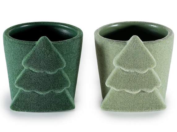 Vase en terre cuite recouvert de velours orné dun sapin
