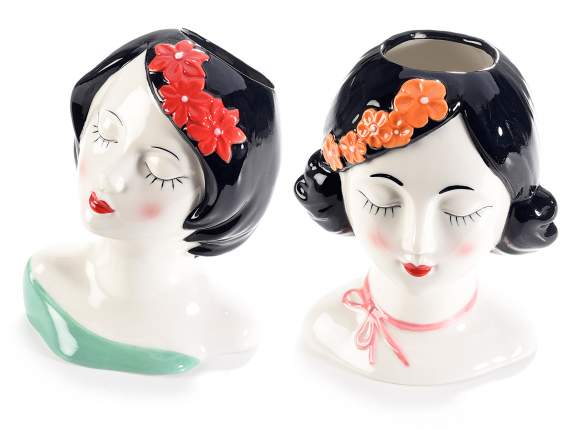 Glossy porcelain vase-makeup holder with a womans face