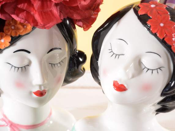 Glossy porcelain vase-makeup holder with a womans face