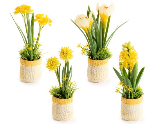 Vase coloré effet jute avec fleurs artificielles jaunes