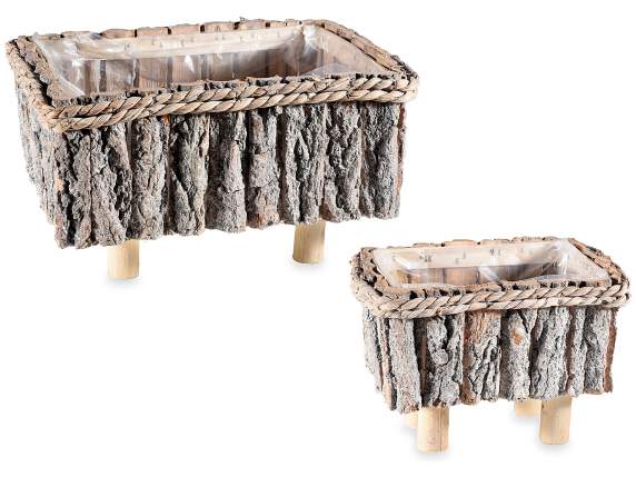 Lot de 2 vases-paniers en bois avec pieds et doublure intéri