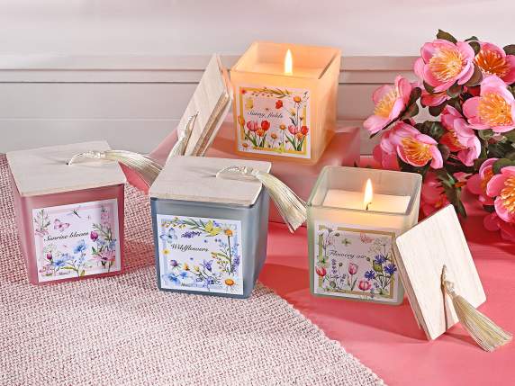 Vela perfumada en tarro de vidrio con tapa madera y borla