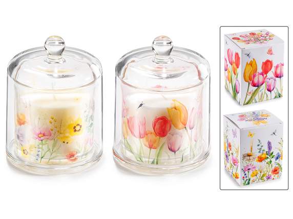 Vela perfumada campana de vidrio con decoraciones florales