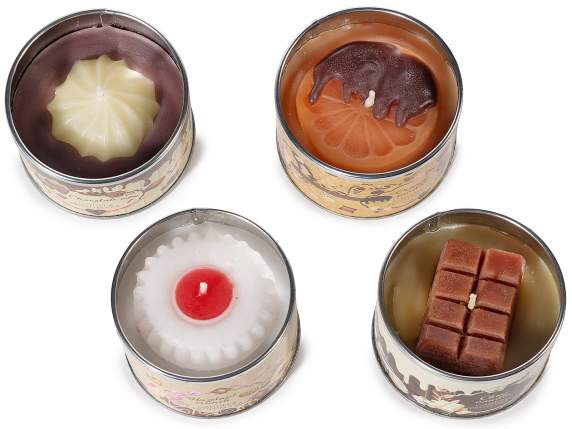 Vela aromática con decoración en relieve en una caja metálic