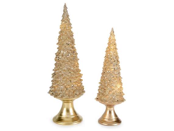 Set de 2 sapins en résine dorée avec lumière led et paillett