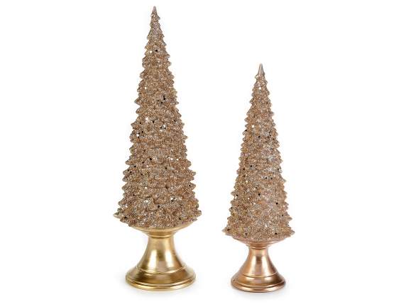 Set de 2 sapins en résine dorée avec lumière led et paillett