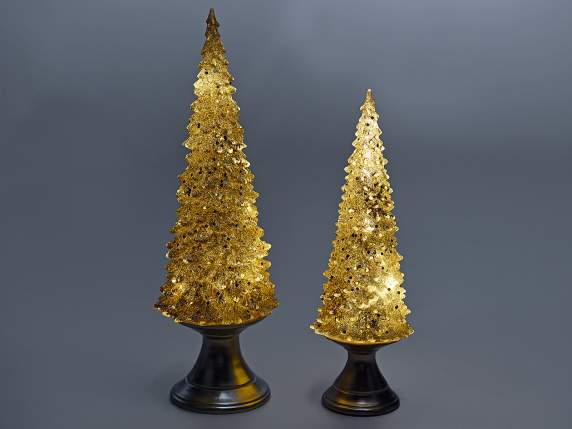 Set de 2 sapins en résine dorée avec lumière led et paillett